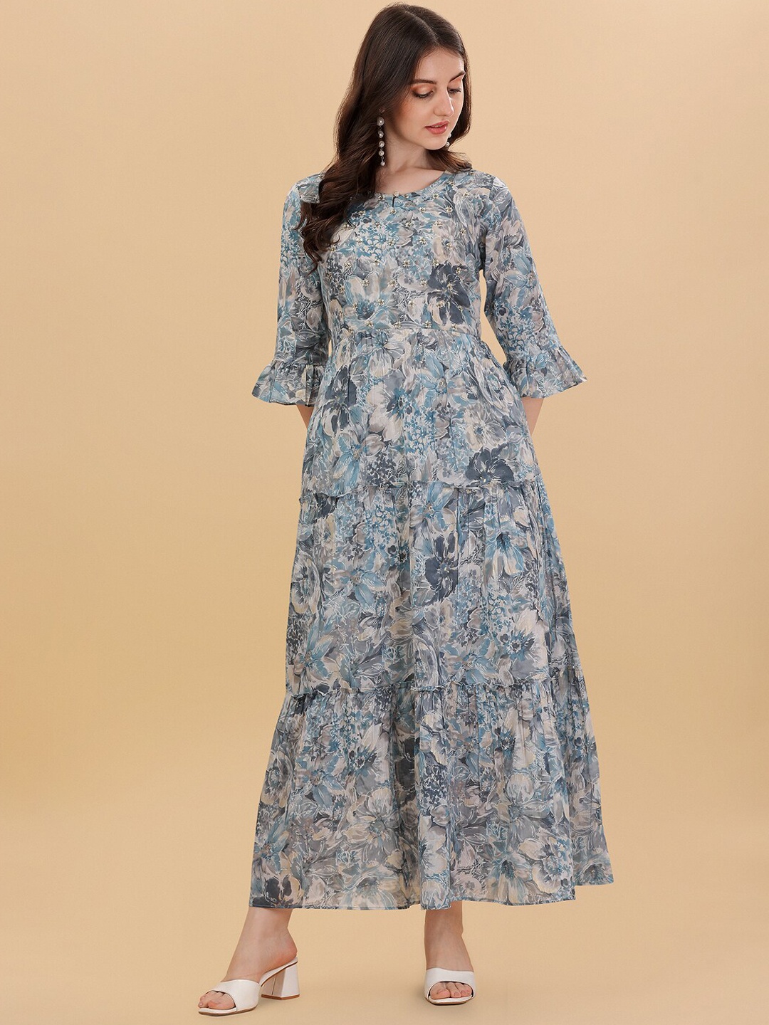 

Berrylicious Printed Bell Sleeves Indie Prints Cotton Anarkali Kurta, Blue