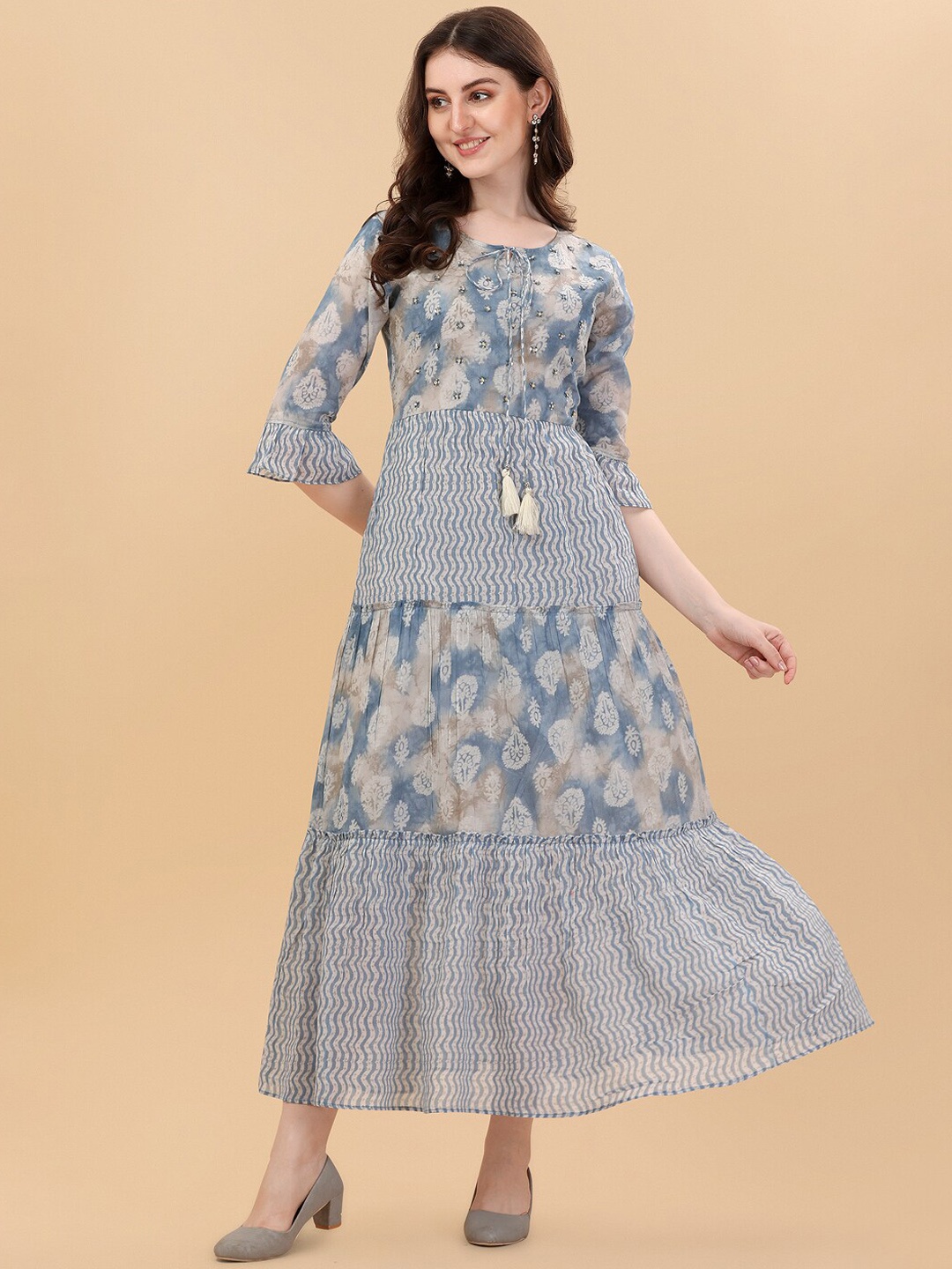 

Berrylicious Tie-Up Neck Ethnic Motifs Printed Bell Sleeves Cotton Kurta, Blue