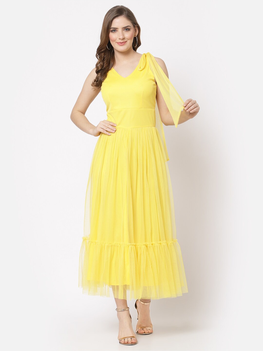 

Just Wow Yellow Net Maxi Maxi Dress