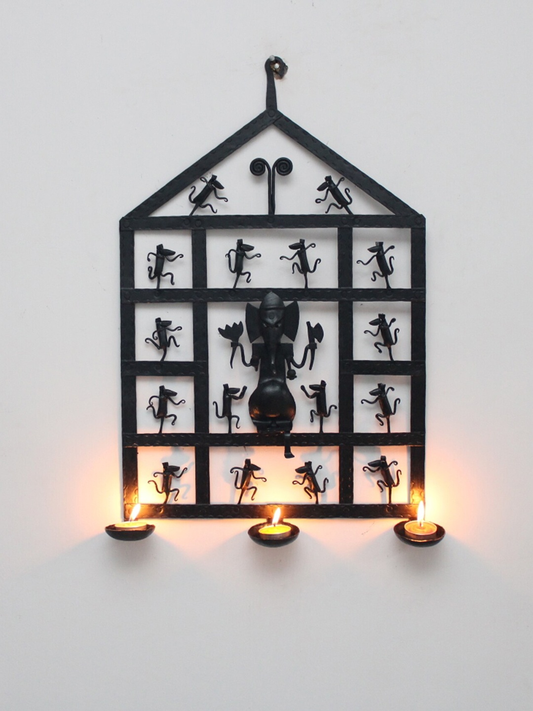 

SHREE KALA HOME DECOR The Bastar Art Tea Light Ganesha With Mouse Candle Holder, Black