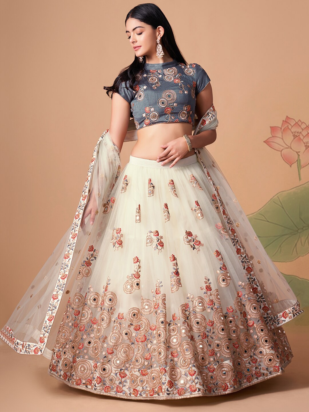 

FABPIXEL Embroidered Mirror Work Semi-Stitched Lehenga & Unstitched Blouse With Dupatta, Off white