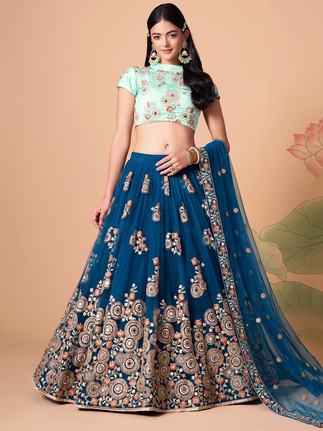 FABPIXEL Embroidered Mirror Work Semi-Stitched Lehenga & Unstitched Blouse With Dupatta, Blue