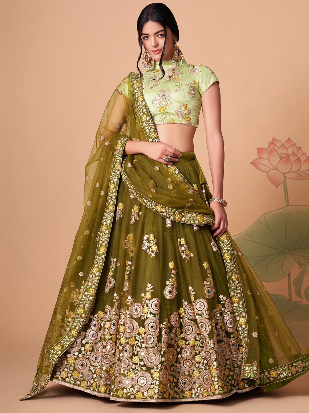 

FABPIXEL Embroidered Mirror Work Semi-Stitched Lehenga & Unstitched Blouse With Dupatta, Green