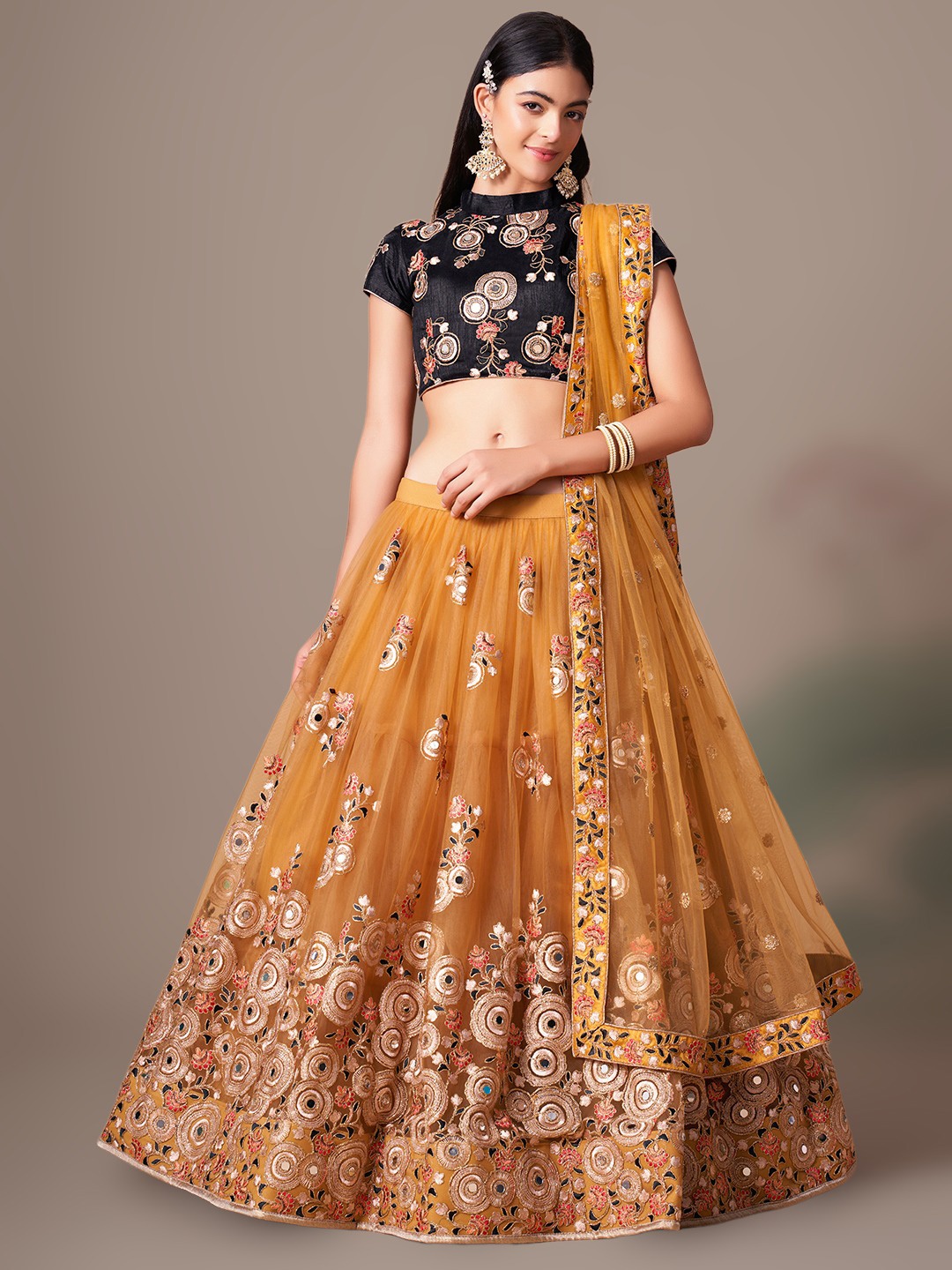 

FABPIXEL Embroidered Semi-Stitched Lehenga & Unstitched Blouse With Dupatta, Gold