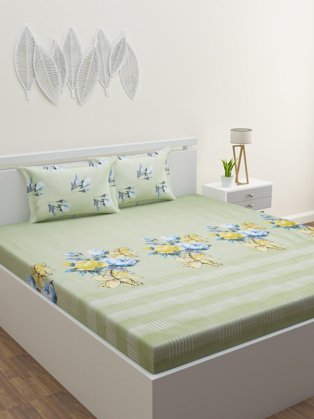 

HOME AFFAIRS Green & Yellow Floral 180 TC Pure Cotton King Bedsheet with 2 Pillow Covers