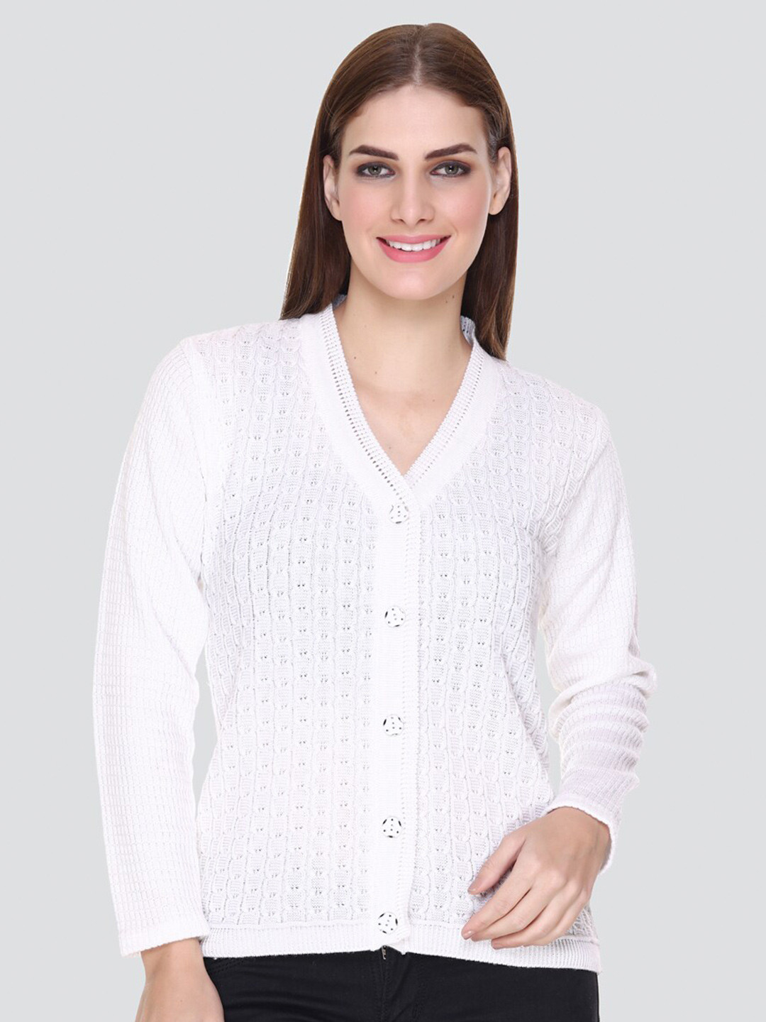 

NITSLINE Women Self Design Cardigan Sweater, White