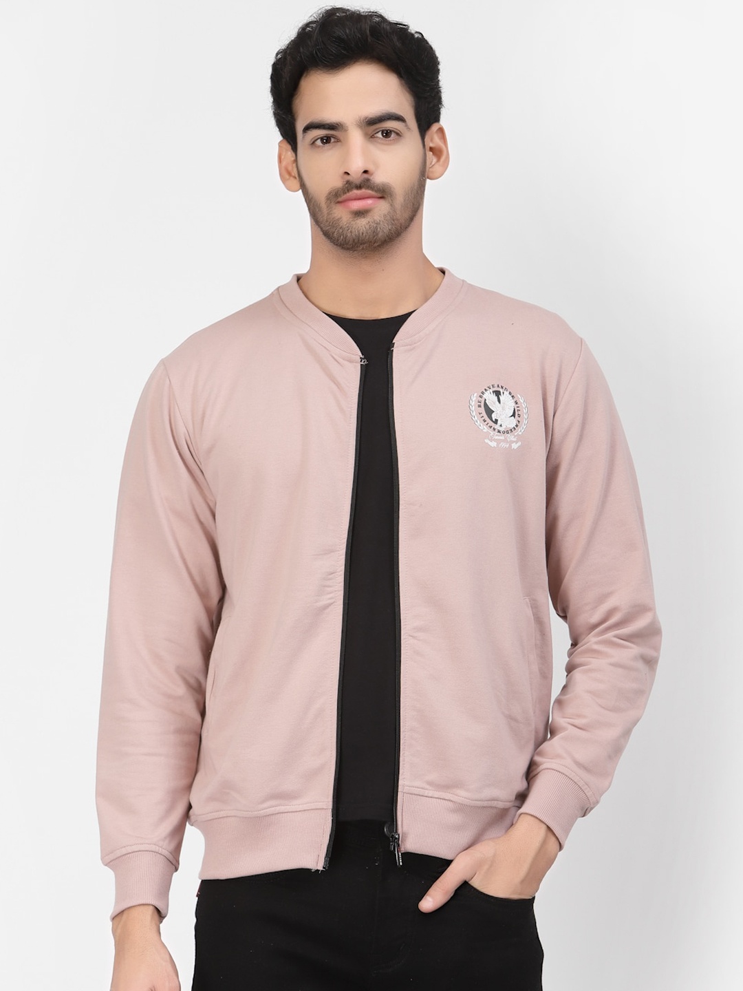 

PAUSE SPORT Men Brand Logo Fleece Lightweight Outdoor Bomber Jacket, Peach