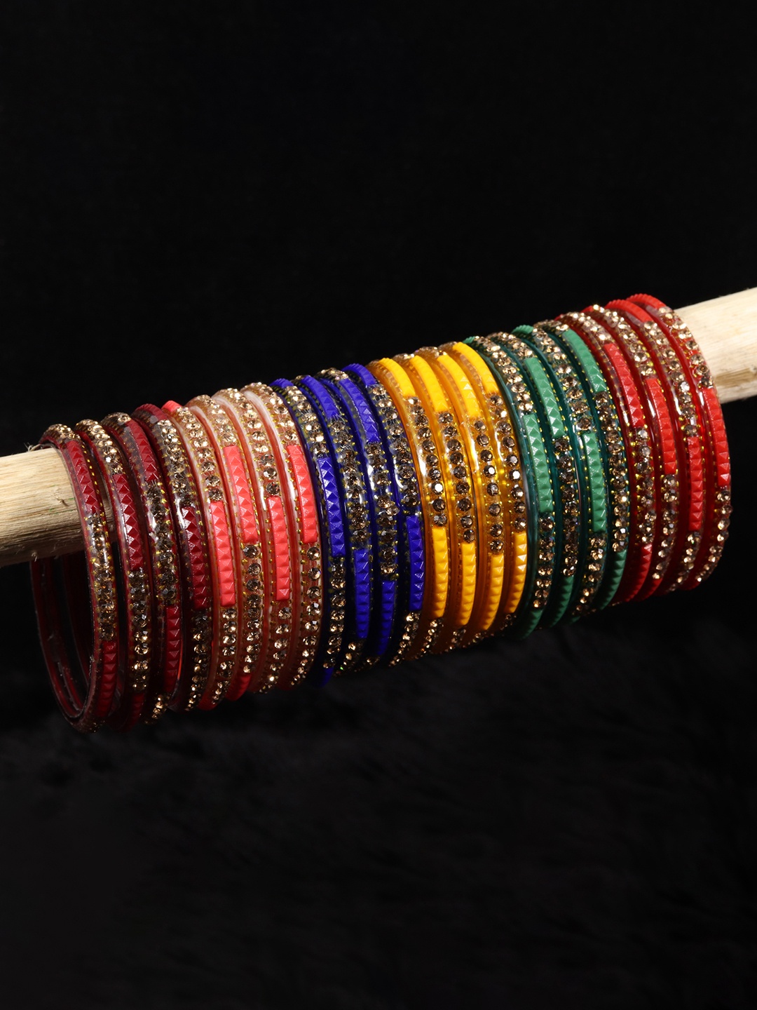 

NMII Set of 24 Zircon Gemstone-Studded Glass Bangles, Red