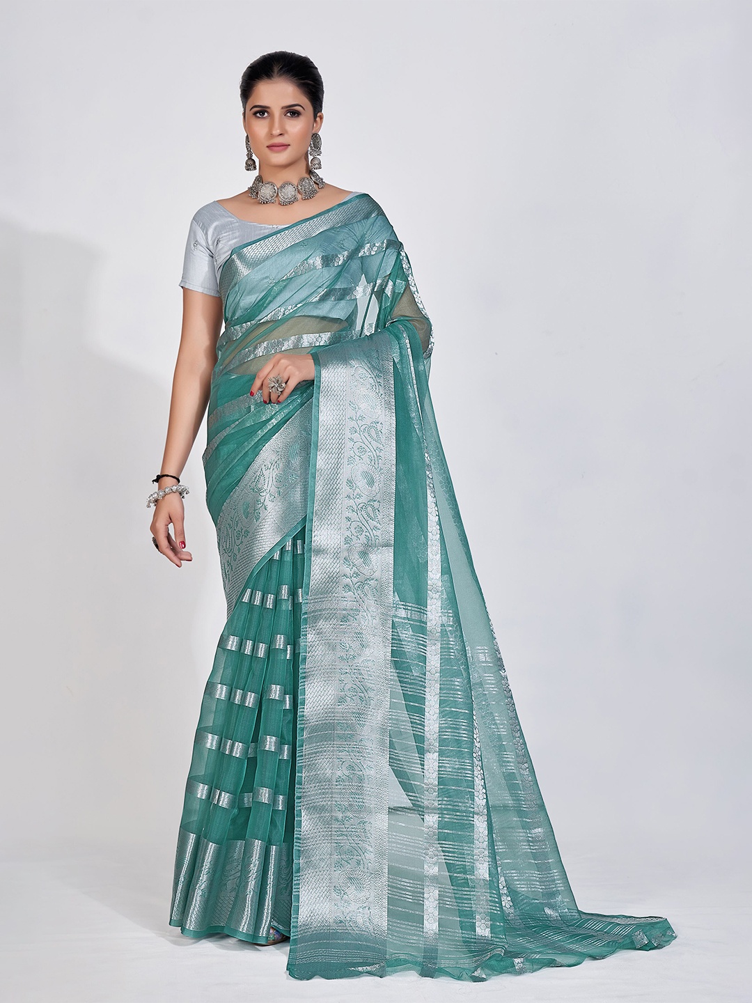 

DRESSTIVE Ethnic Motifs Zari Organza Saree, Sea green