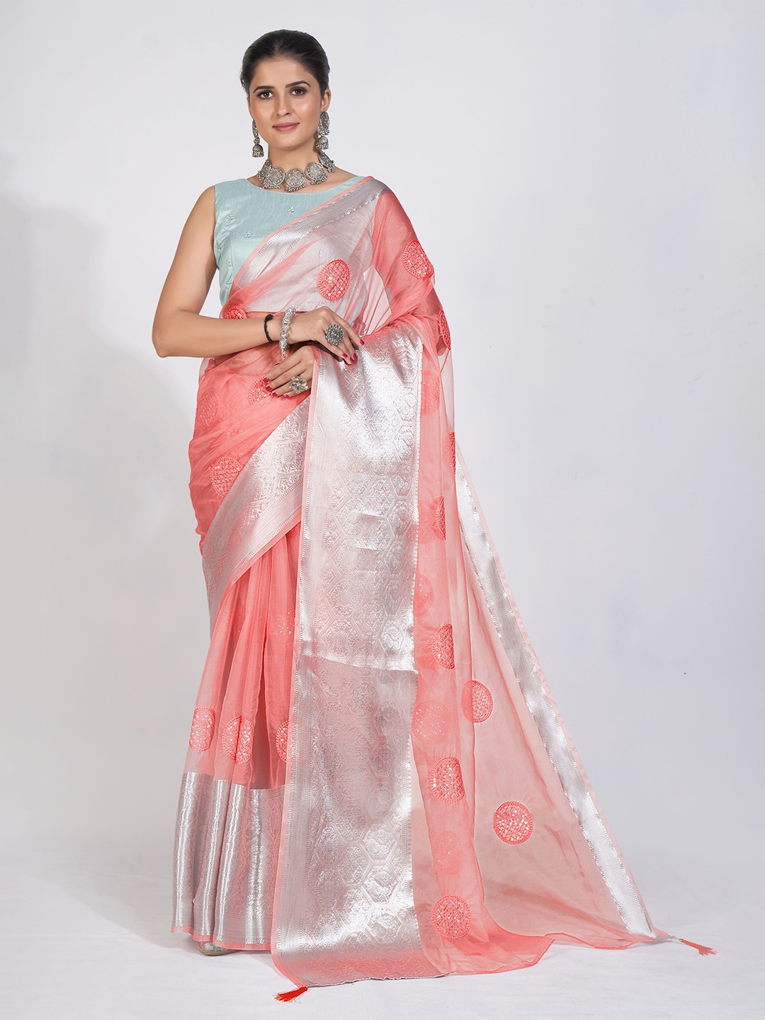 

DRESSTIVE Ethnic Motifs Zari Organza Saree, Peach