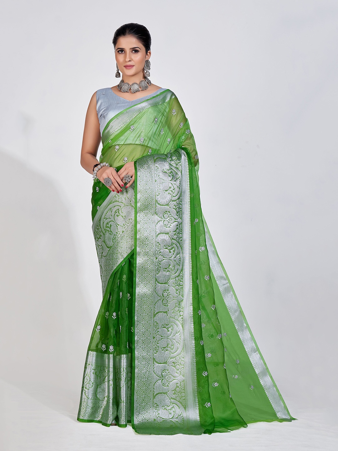 

DRESSTIVE Ethnic Motifs Zari Organza Saree, Green