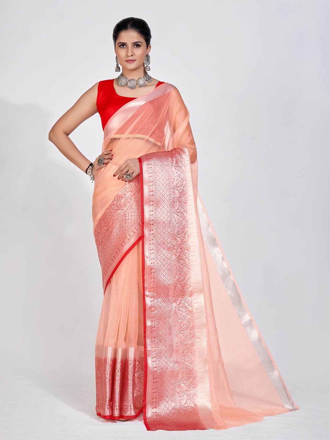 

DRESSTIVE Zari Organza Saree, Peach