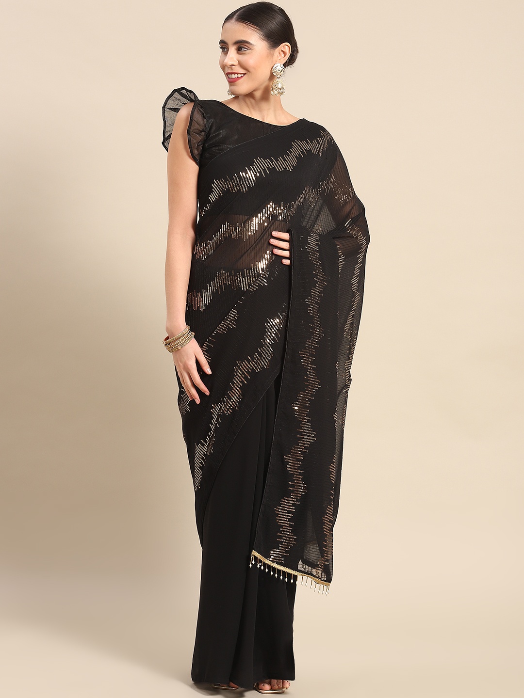 

Mitera Striped Sequinned Georgette Saree, Black