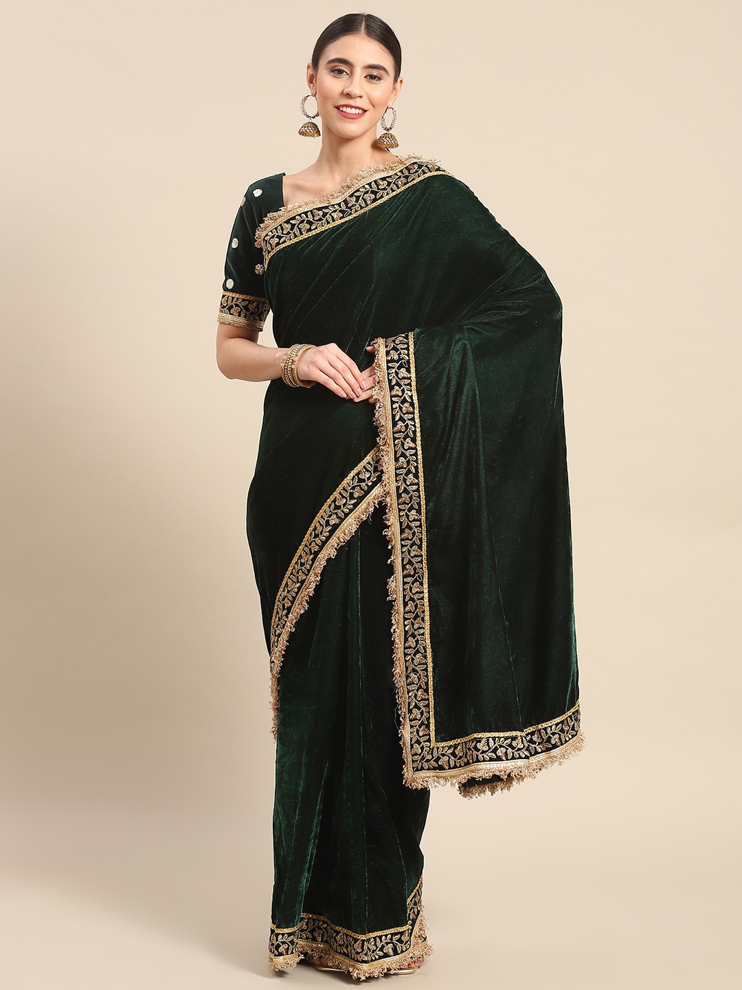 

Mitera Embroidered Velvet Saree, Green
