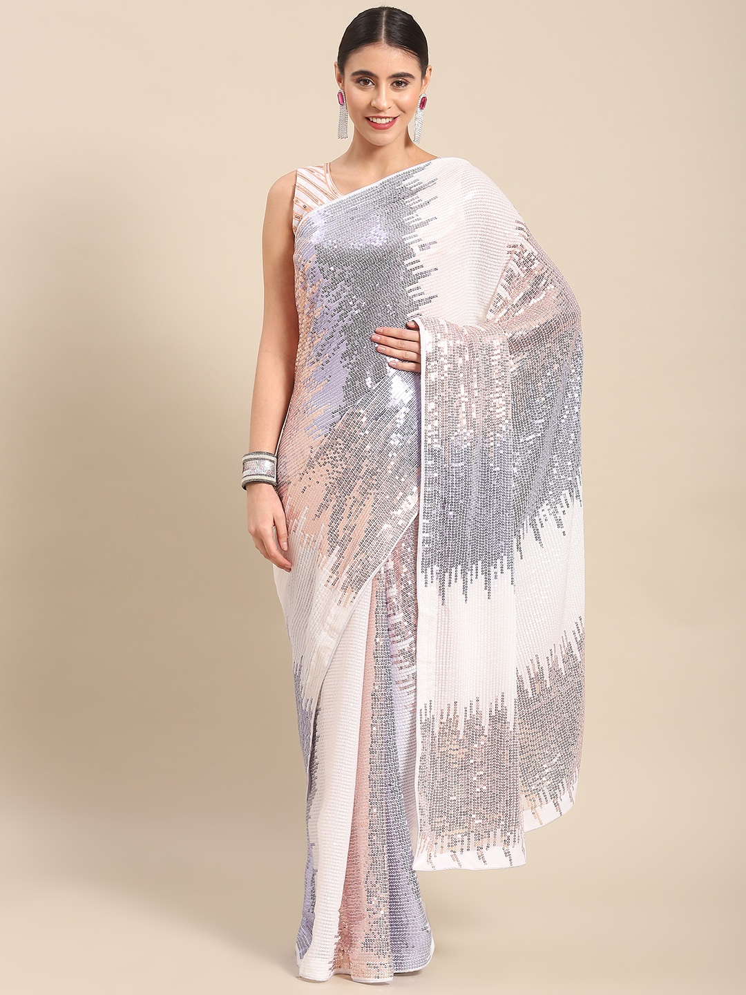 

Mitera Embellished Sequinned Georgette Saree, White