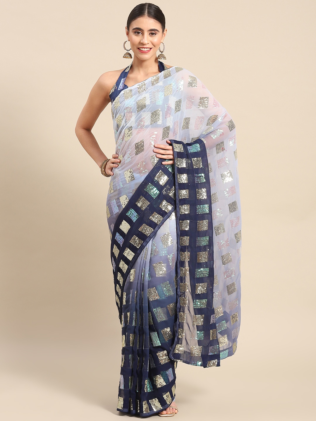 

Mitera Ombre Sequinned Saree, Navy blue