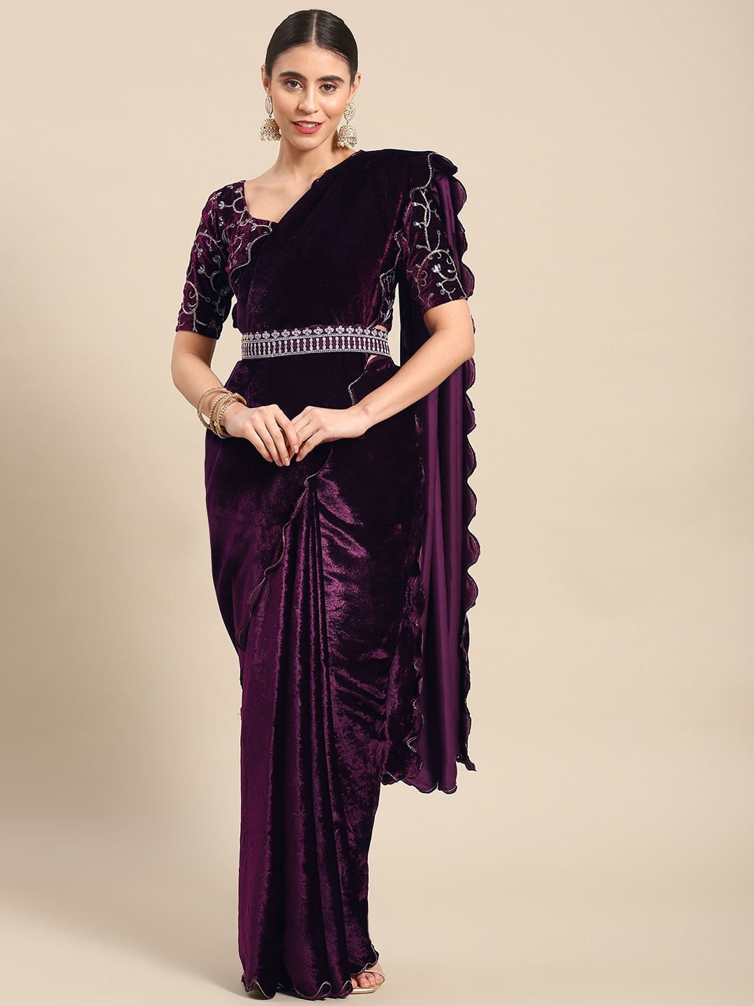 

Mitera Velvet Belted Saree, Purple