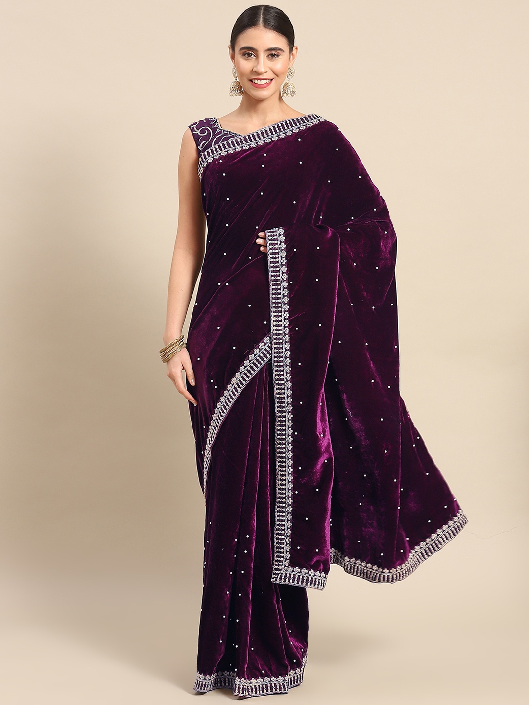 

Mitera Sequinned Velvet Saree, Purple