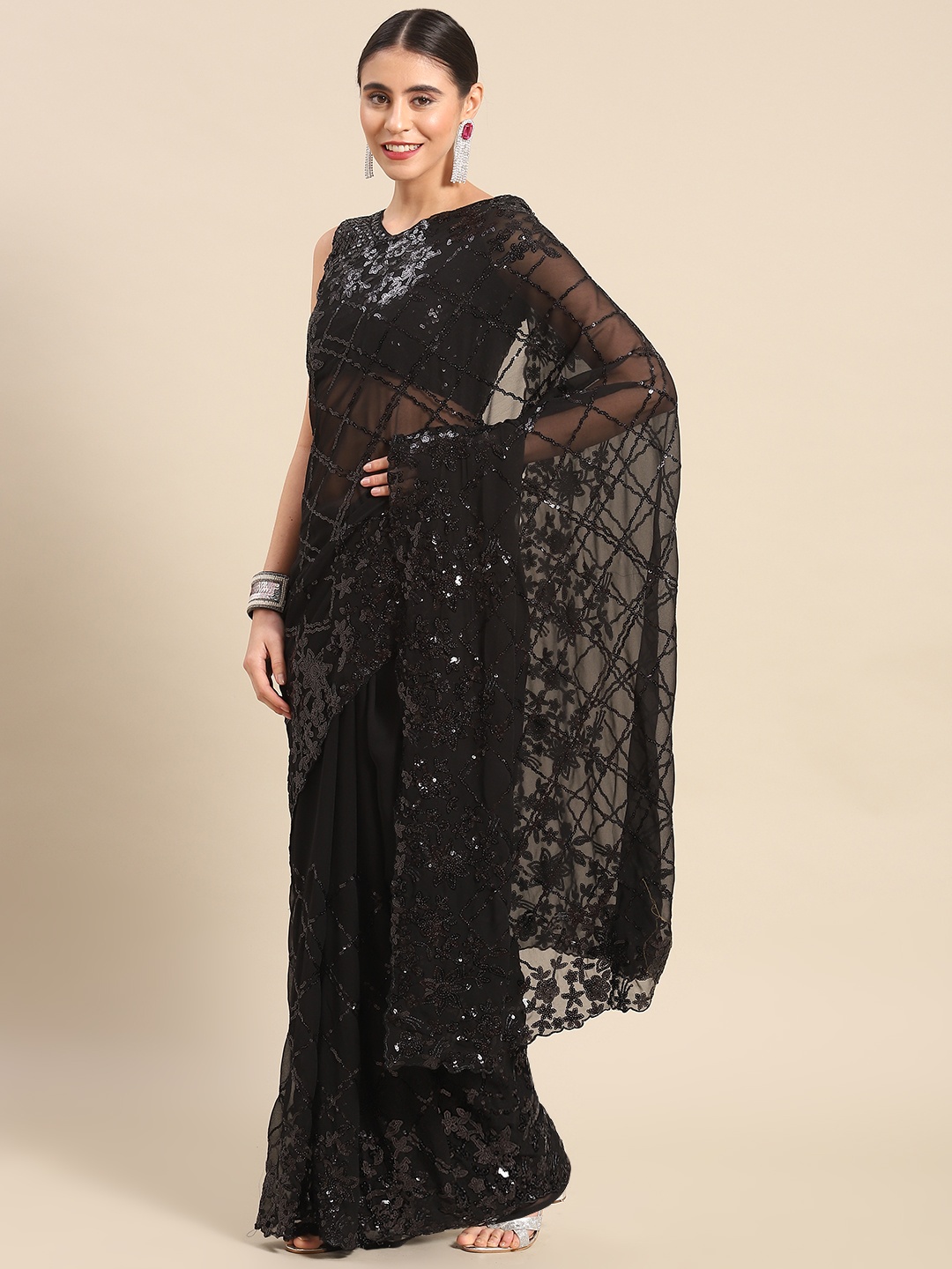 

Mitera Embellished Sequinned Georgette Saree, Black