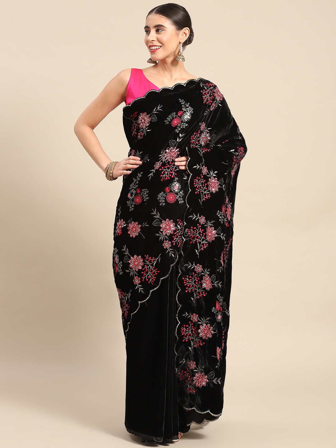 

Mitera Floral Sequinned Velvet Saree, Black