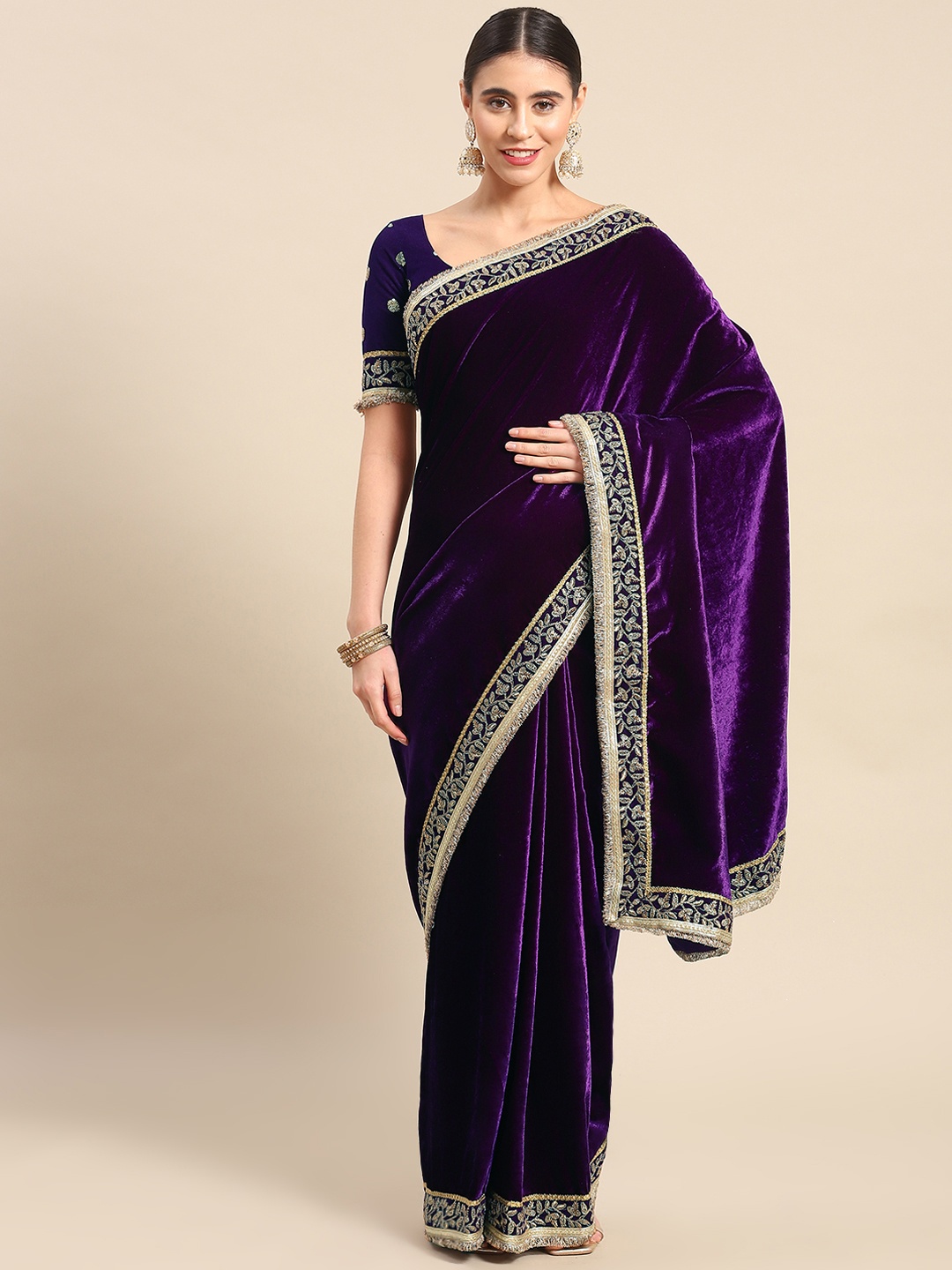 

Mitera Embroidered Velvet Saree, Purple