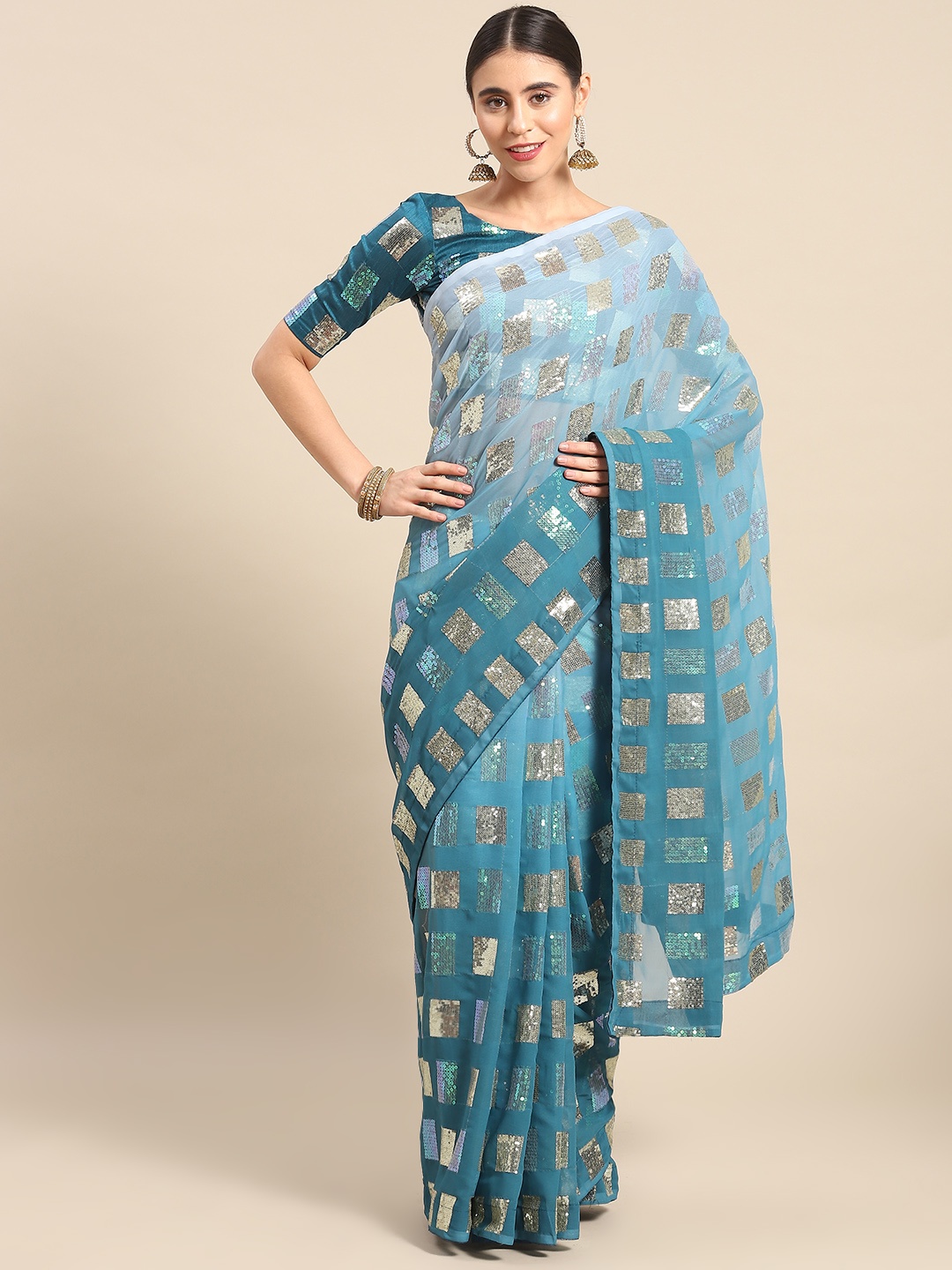 

Mitera Ombre Sequinned Georgette Saree, Turquoise blue