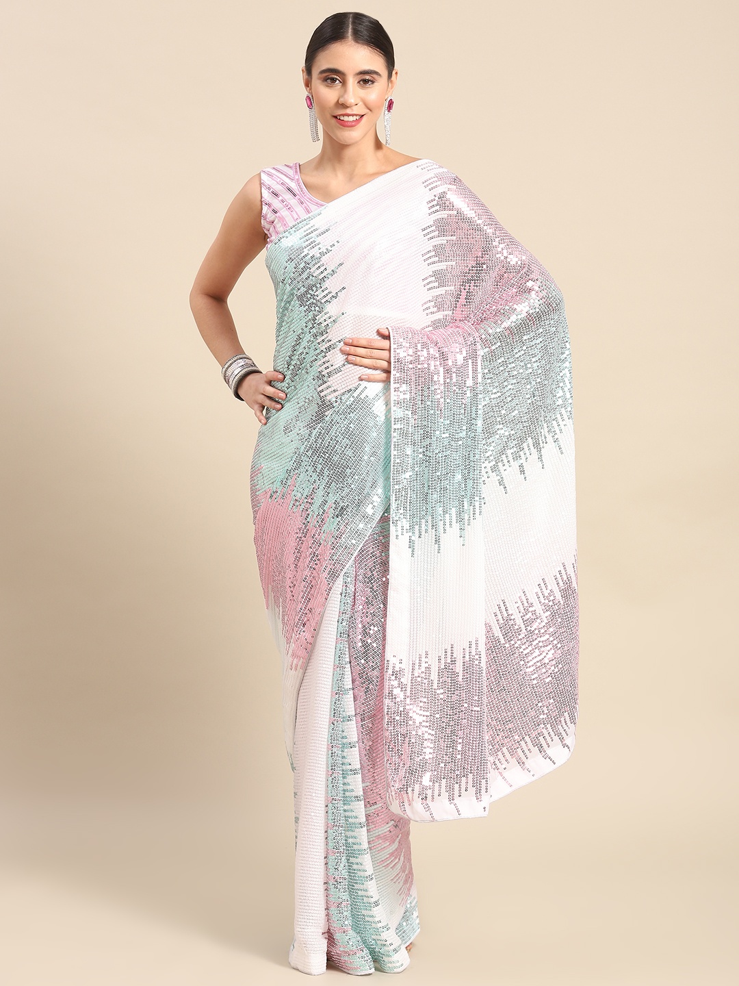 

Mitera Embellished Sequinned Saree, White