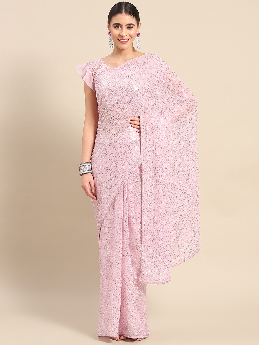 

Mitera Embellished Sequinned Georgette Saree, Pink