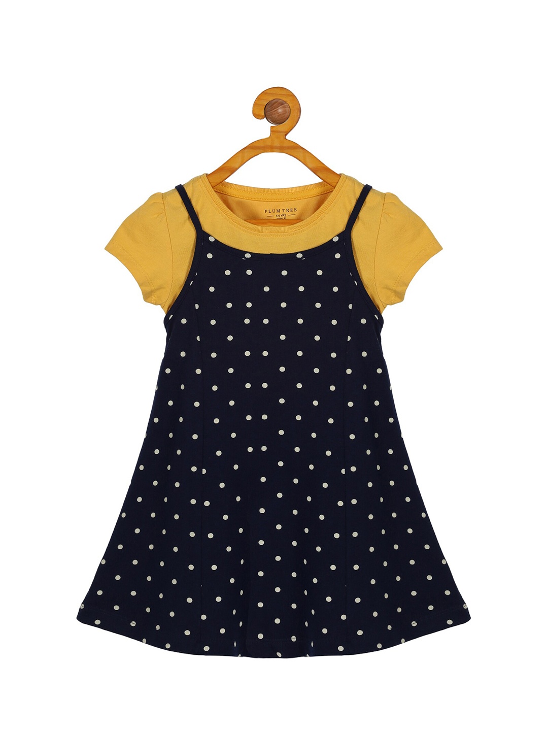 

PLUM TREE Girls Polka Dots Printed Pinafore Pure Cotton Dress, Navy blue