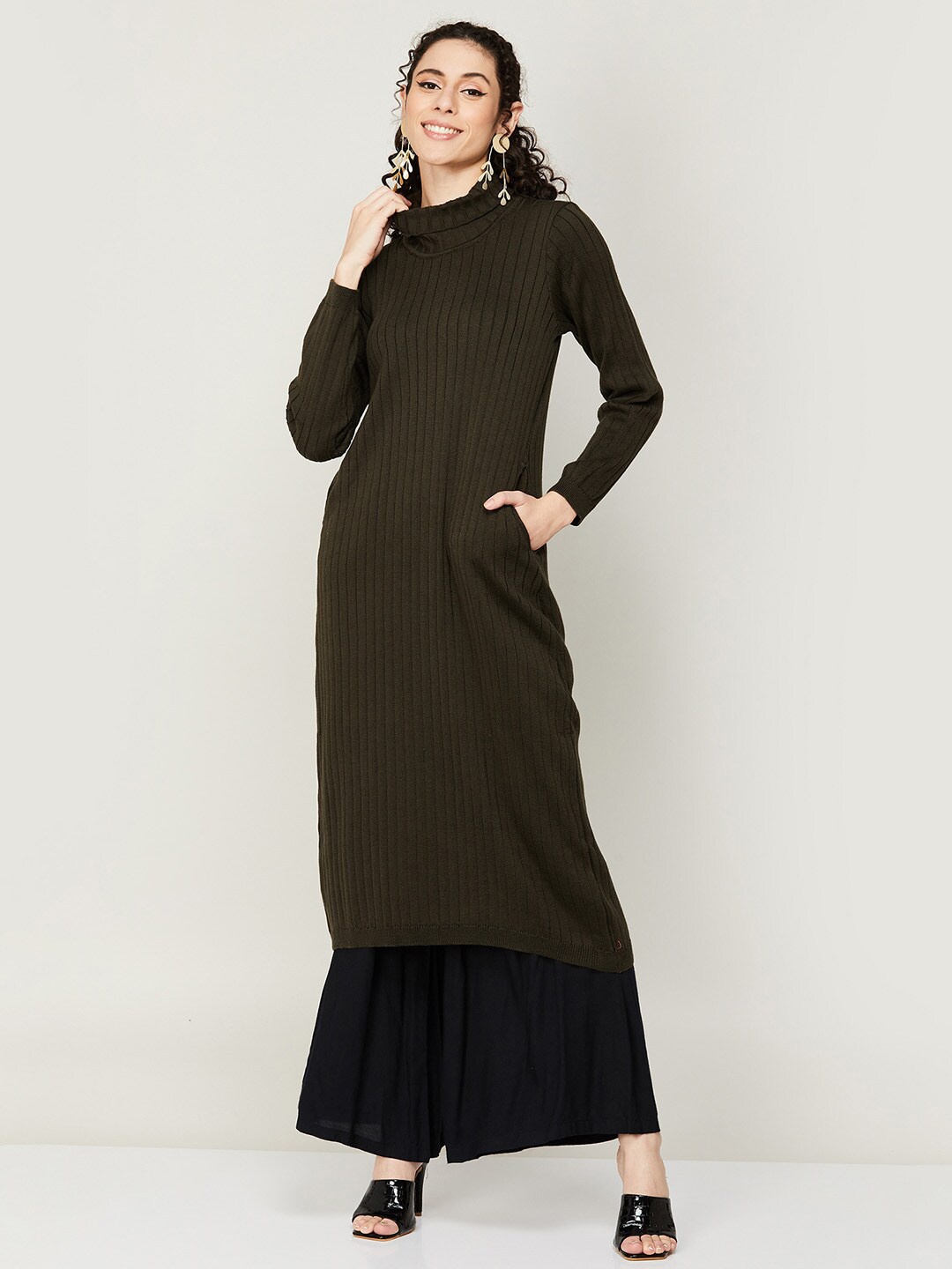 

Colour Me by Melange High Neck Striped Tunic, Olive