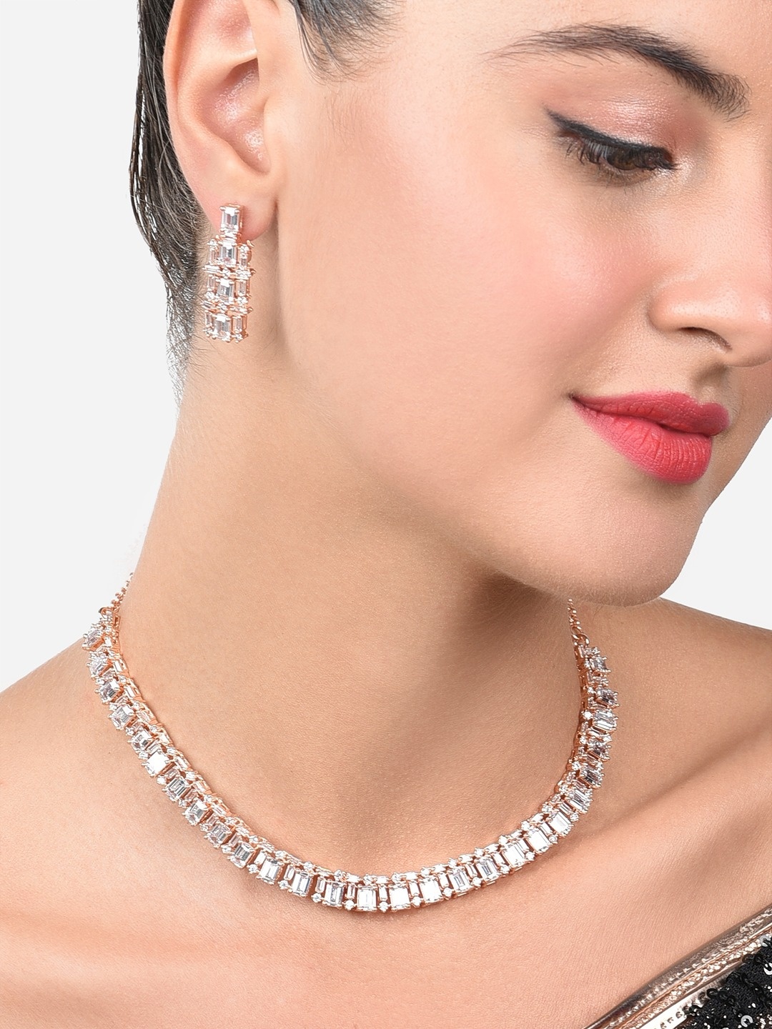 

Zaveri Pearls Rose Gold-Plated Cubic Zirconia-Studded Jewellery Set