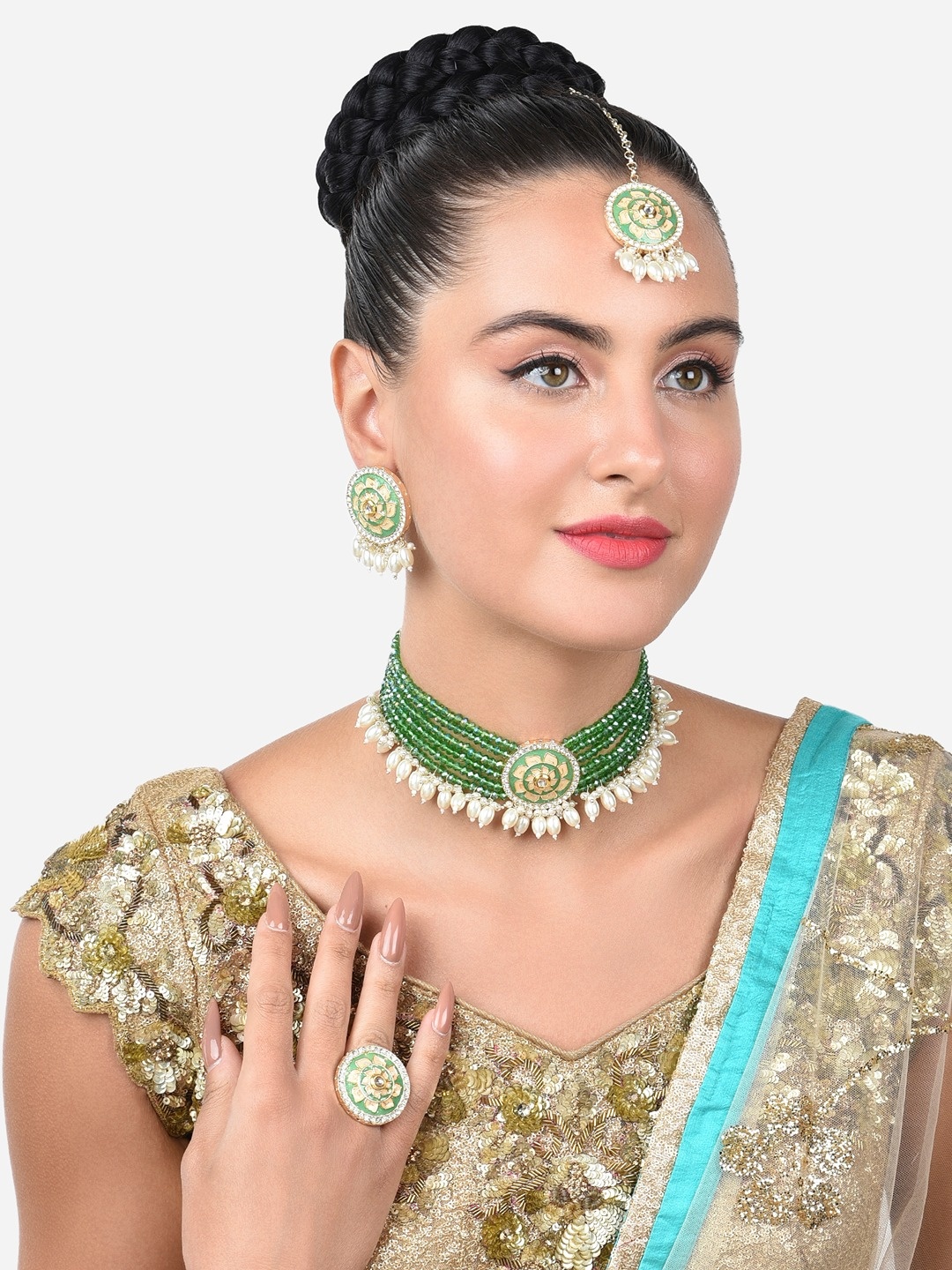 

Zaveri Pearls Gold-Plated Stone-Studded & Beaded Meenakari Jewellery Set