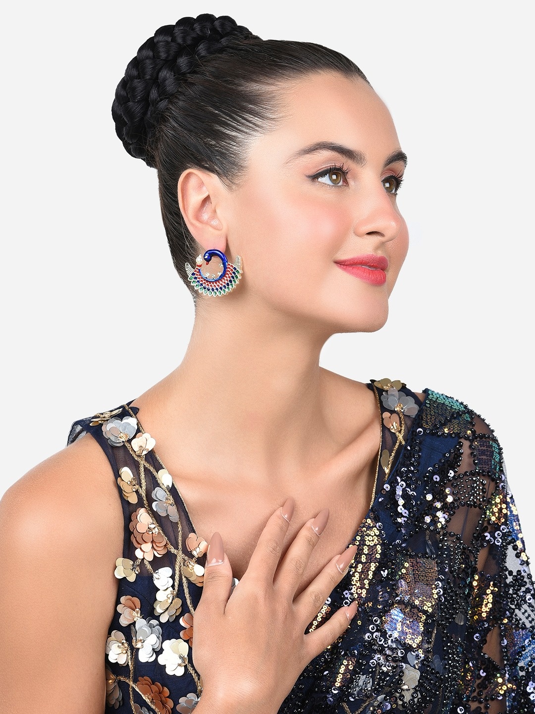 

Zaveri Pearls Women Gold-Plated Pearls Peacock Shaped Studs Earrings, Blue