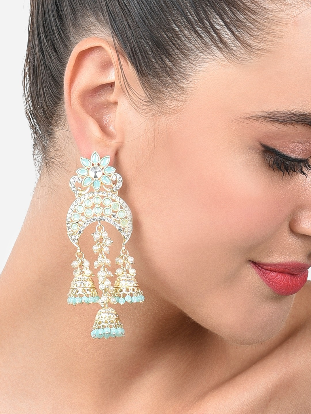 

Zaveri Pearls Gold-Plated Contemporary Jhumkas Earrings, Turquoise blue