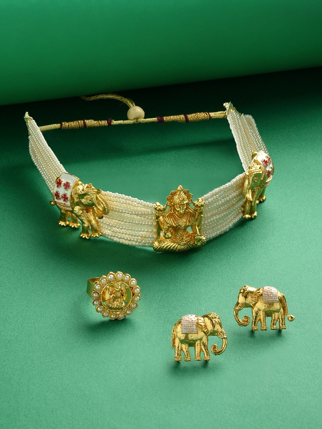 

Zaveri Pearls Gold-Plated Stone-Studded & Pearl Beaded Temple Jewellery Set