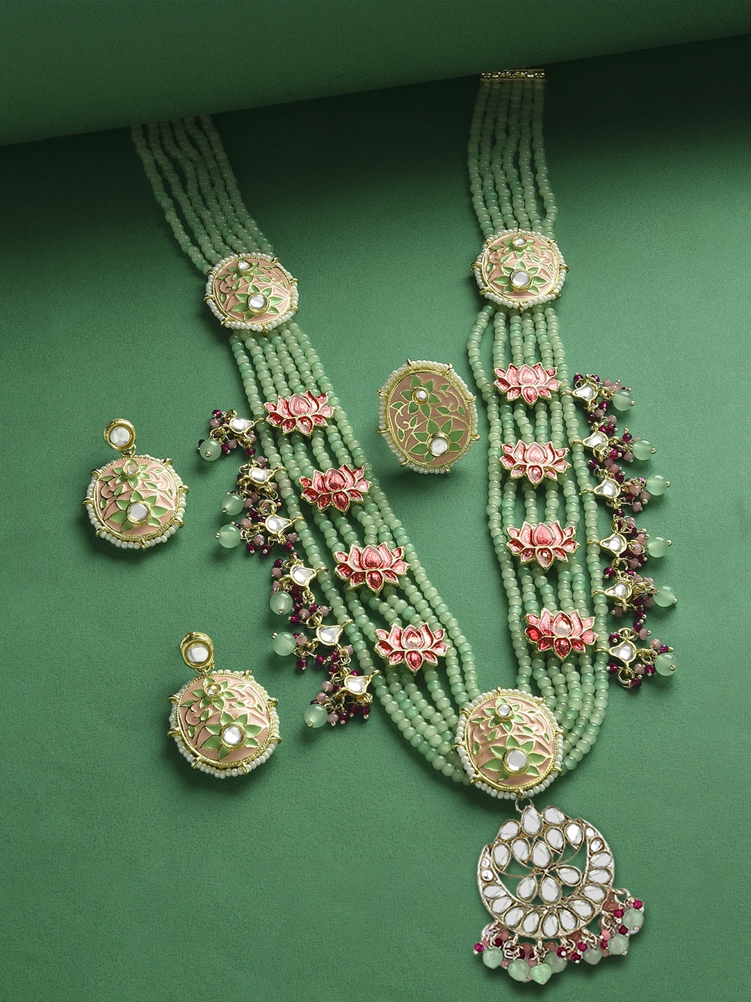 

Zaveri Pearls Gold-Plated Kundan-Studded & Pearl Beaded Meenakari Jewellery Set