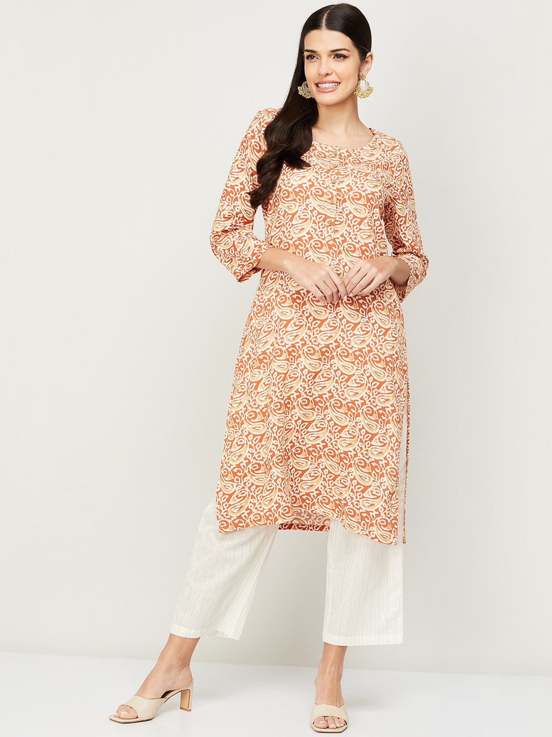 

Melange by Lifestyle Round Neck Ethnic Motifs Printed Kurta, Orange