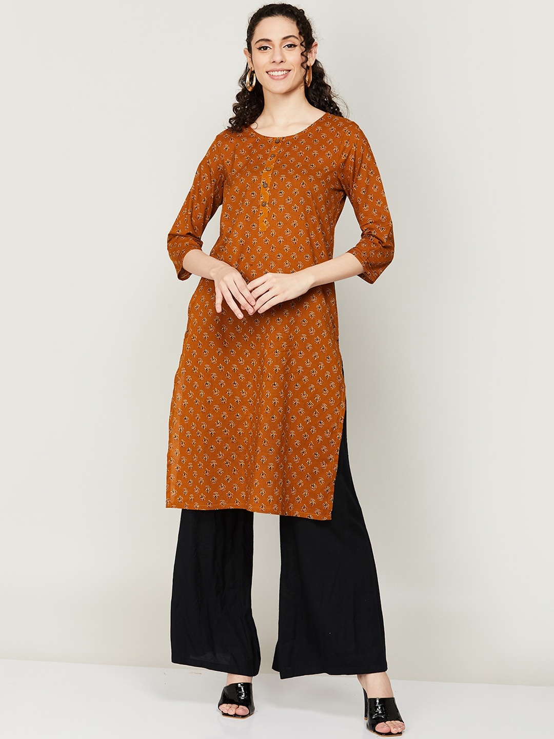 

Melange by Lifestyle Floral Printed Straight Regular Cotton Kurta, Rust