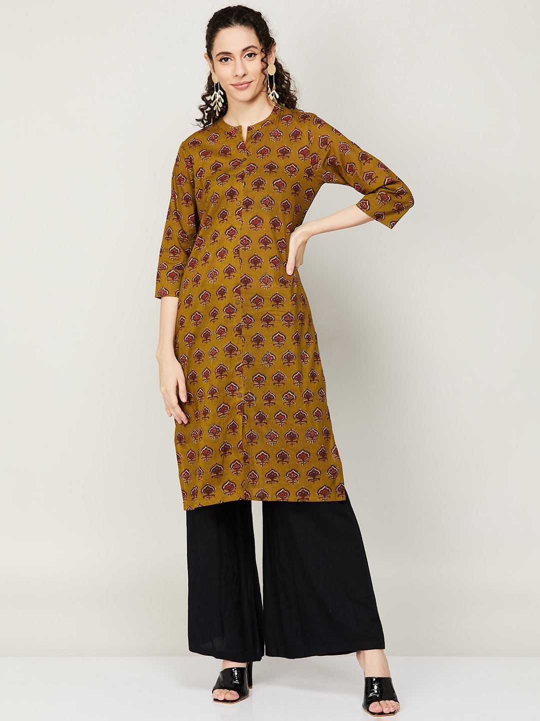 

Melange by Lifestyle Mandarin Collar Ethnic Motifs Printed Cotton Kurta, Mustard