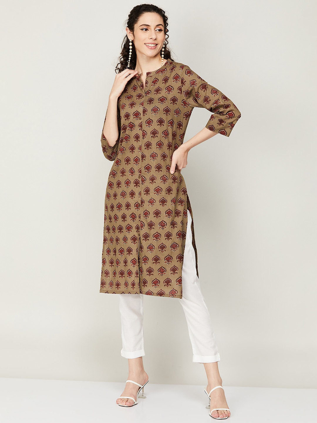 

Melange by Lifestyle Ethnic Motifs Printed Pure Cotton Kurta, Beige