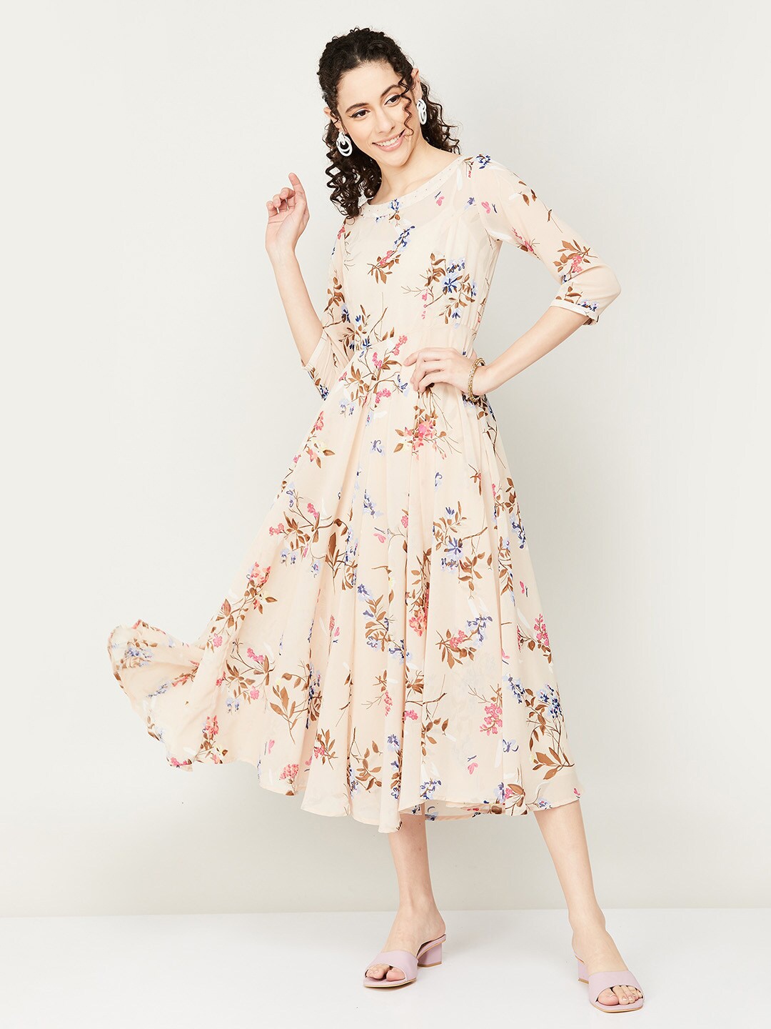 

Colour Me by Melange Floral Printed A-Line Midi Dress, Peach