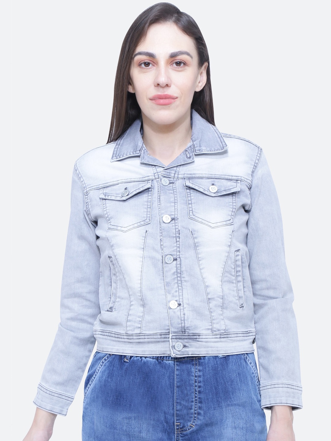 

FCK-3 Women Grey Washed Crop Denim Jacket