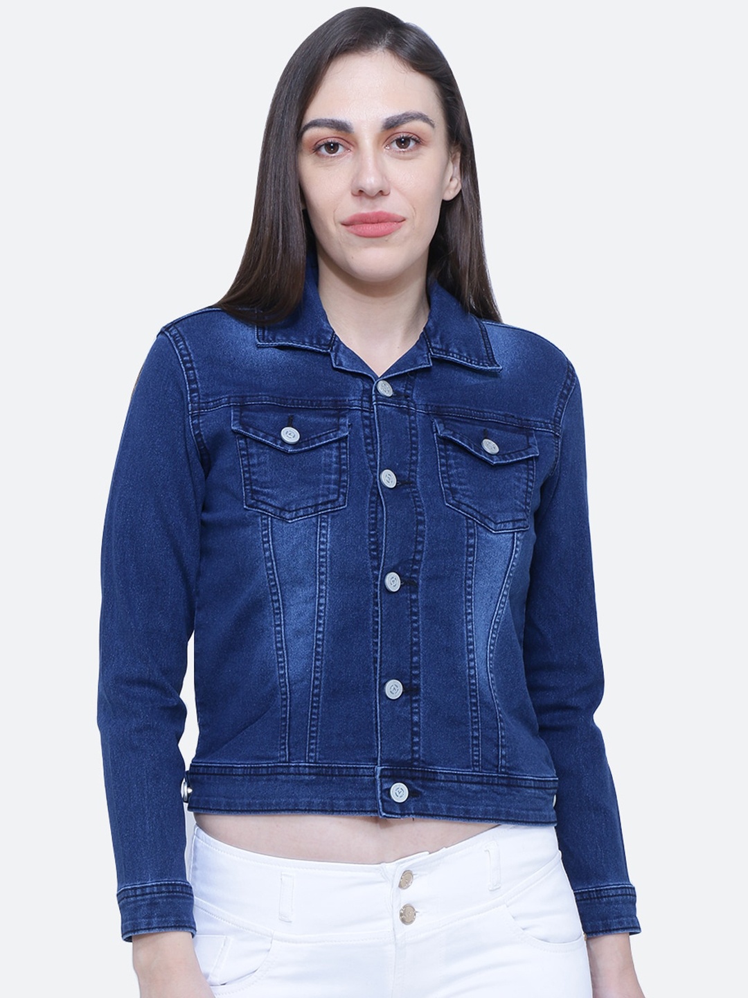 

FCK-3 Women Washed Crop Denim Jacket, Blue