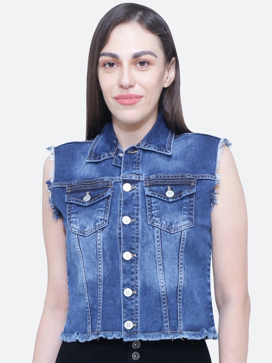 

FCK-3 Women Washed Crop Denim Jacket, Blue