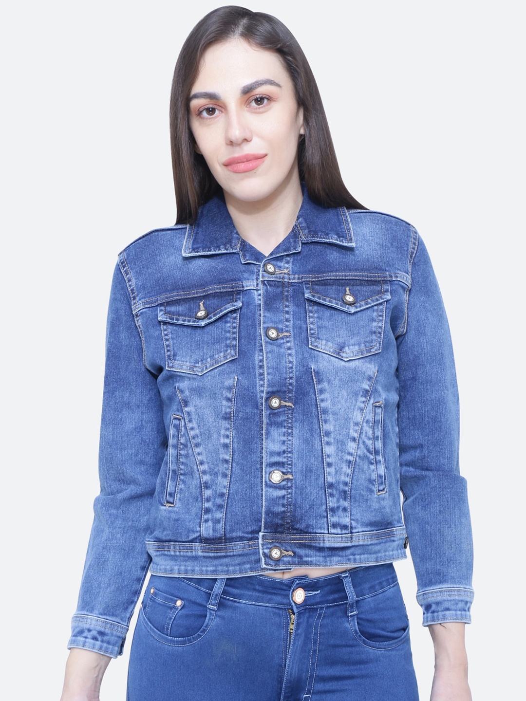 

FCK-3 Women Blue Washed Crop Denim Jacket