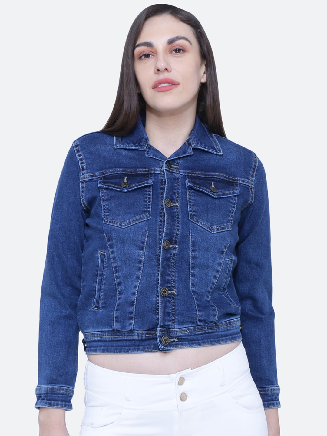 

FCK-3 Women Washed Crop Denim Jacket, Blue