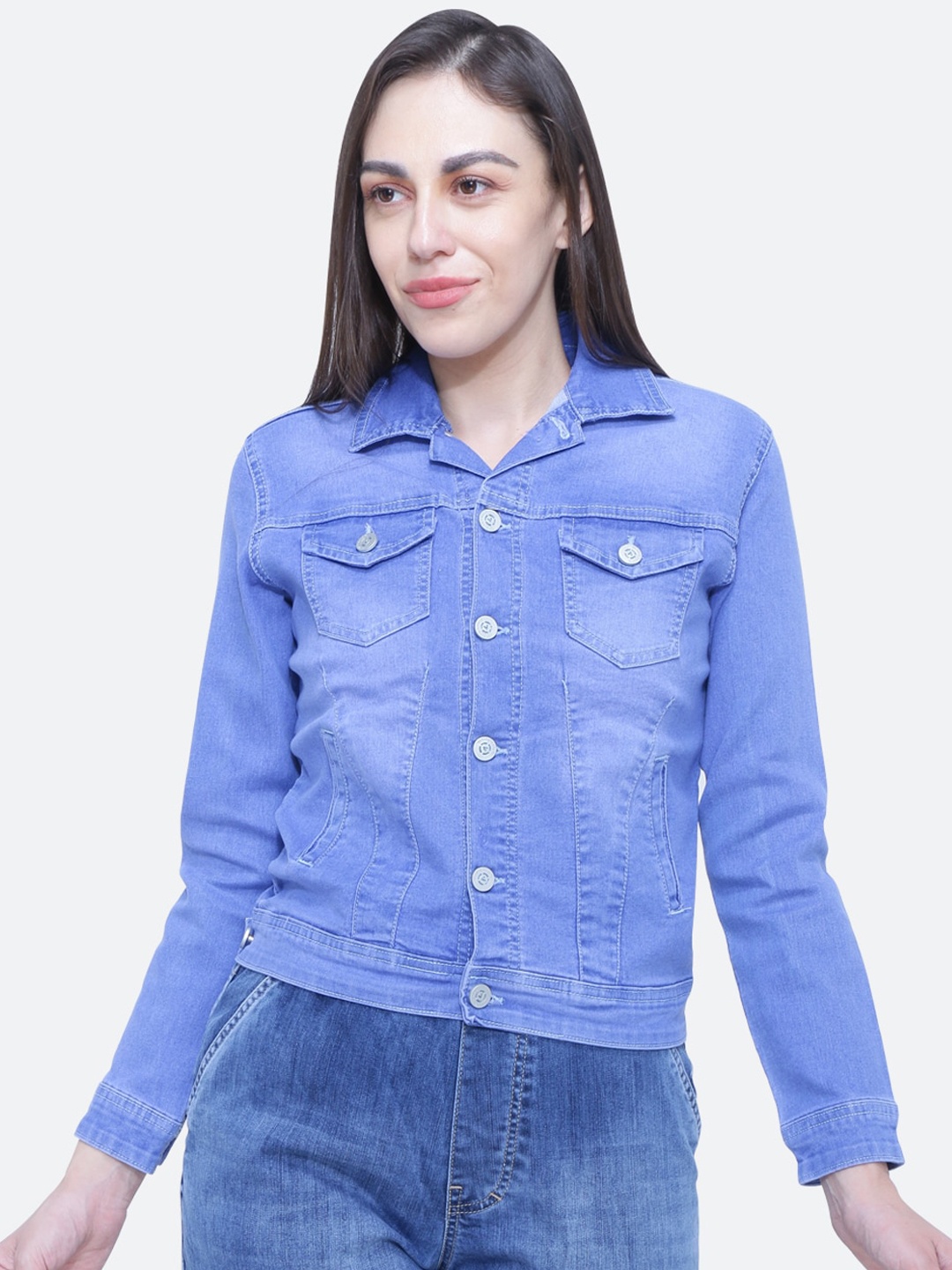 

FCK-3 Women Washed Crop Denim Jacket, Blue