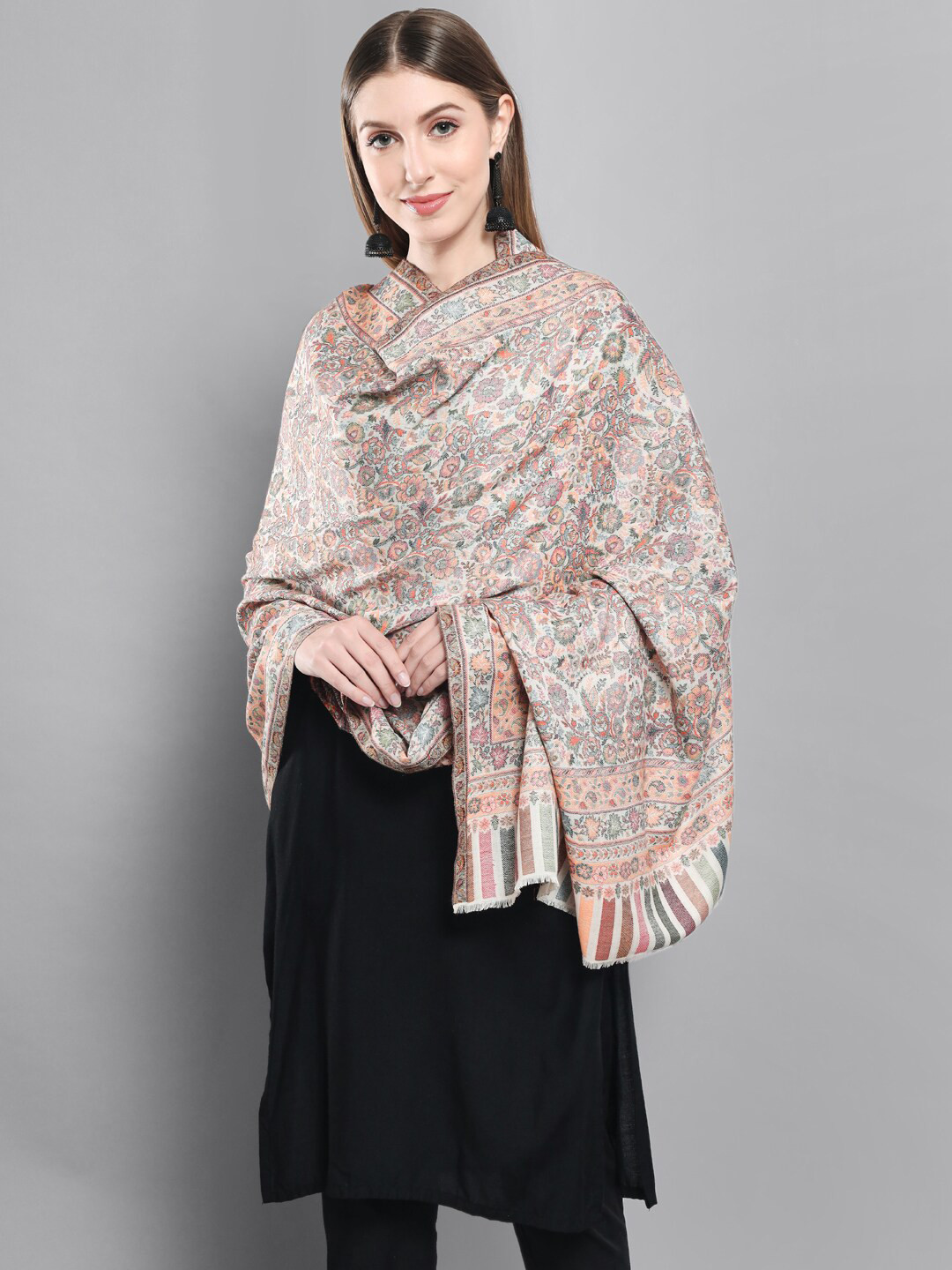 

Zamour Woven-Design Pure Wool Soft Shawl, Off white