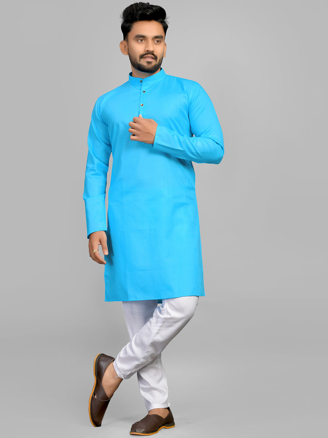 

Fashion FRICKS Men Cotton Kurta, Turquoise blue