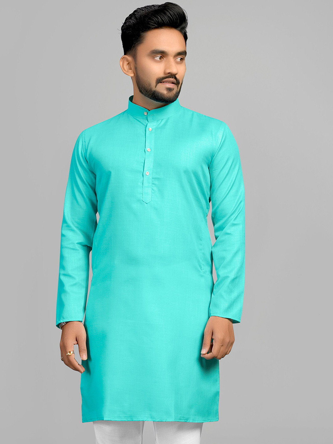 

Fashion FRICKS Band Collar Long Sleeves Straight Kurta, Sea green